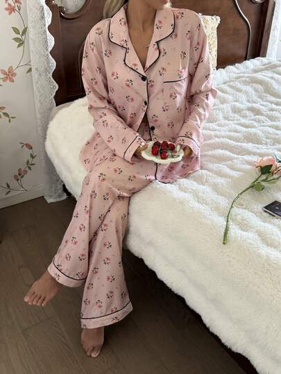 Bubble Crinkle Ditsy Bloemen Long Sleeve Pants Women Pajama Set view 6