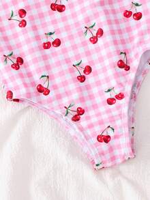 Emery Rose Kids Emery Rose Kids Young Girl Knitted Plaid Cherry Pattern One-Piece Swimsuit - Pink - View 7