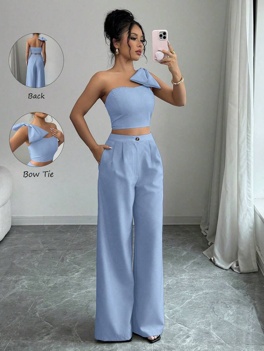 Elenzga 女士优雅时尚通勤休闲舒适迷人度假无袖不对称大蝴蝶结装饰后背抽绳腰直筒裤纯色纹理面料两件套 - 藍色 - 查看 1