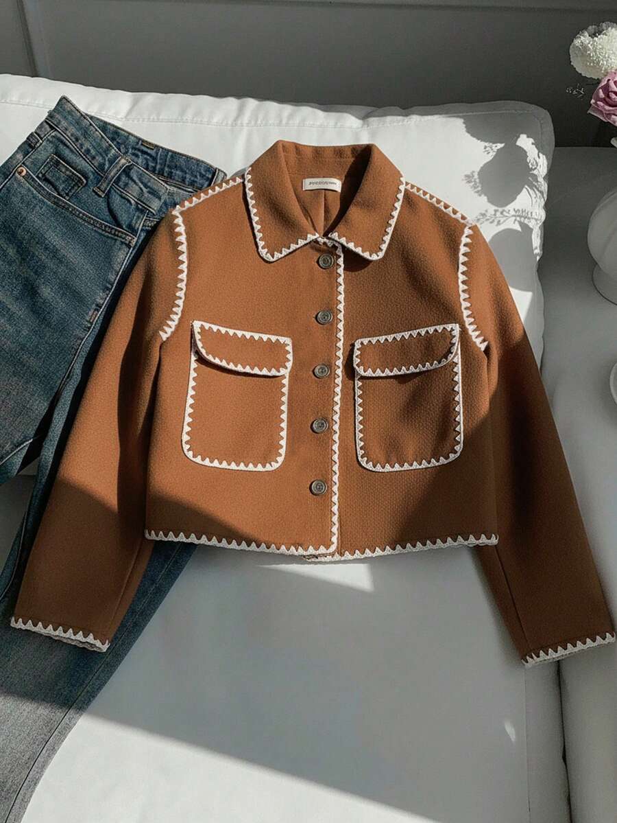 Teen Girl CasualAll-Matchc Versatile Black & White Contrast Trim Collar Large Pocket Jacket, Autumn/Winter - Brown - View 1