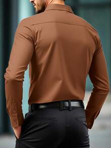 Manfinity Bizformal 男士正裝襯衫 素色長袖彈性免燙正式襯衫 商務休閒鈕扣領襯衫 儀式適用 - 棕色 - 查看 2