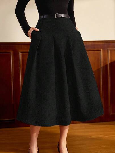 Vintamour Falda plisada en A vintage, clásica y elegante para mujer, con cinturón, cintura ajustada, bolsillos, color gris