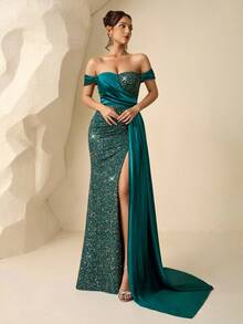 Coutiva Váy dạ hội trễ vai cao cấp cho nữ, váy dạ hội, thêu hạt, sang trọng thanh lịch - Màu xanh lá cây đậm - Xem 1