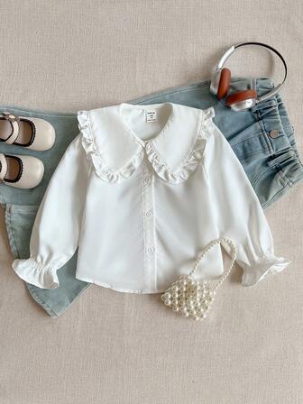 PrepCrw 1pc Young Girls Elegant College Style Casual Urban Versatile White Collar Smock Shirt, Suitable For Traveling, Party, Back To School, Autumn/Winter Girls White Ruffle Blouse Toddler Girl White Blouse Girls Long Sleeve White Shirt Girls Collared Shirt Ruffle Shirt Girls Back To School  School  Clothes School Supplies Back To School  School  Clothes School Supplies Backtoschool ColorfulJoy Girls White Ruffle Shirt White Blouse For Toddler Girl Girls White Collared Shirt Girls Chiffon Blouse Long S Fall