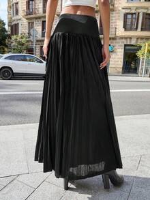 Maija 2025新款女士时尚休闲百褶中长裙，腰部配有搭扣设计 - 黑色 - 查看 5