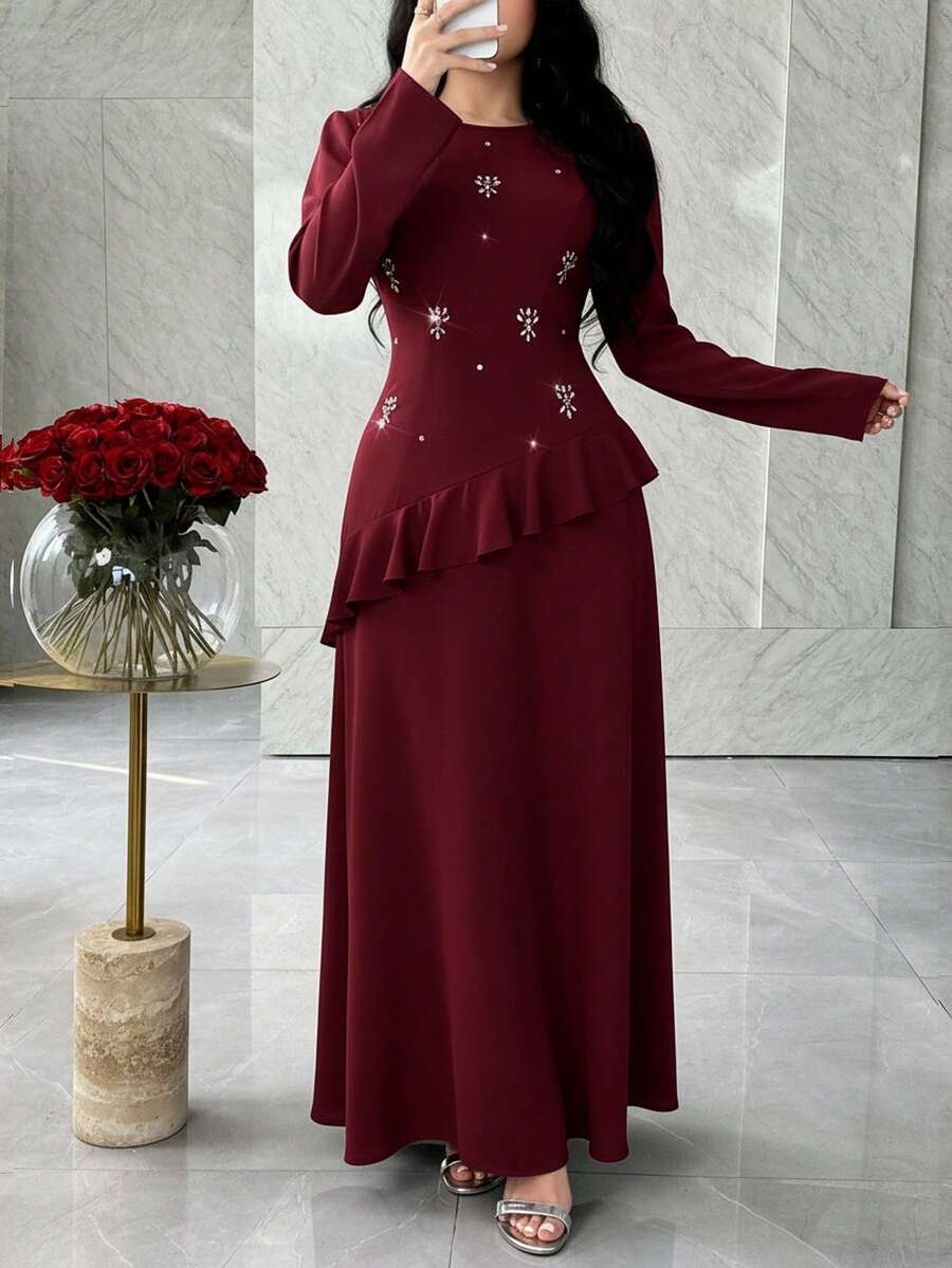 Feyla 女士水钻装饰纯色简约长袖连衣裙，日常穿着 - 酒紅色 - 查看 1