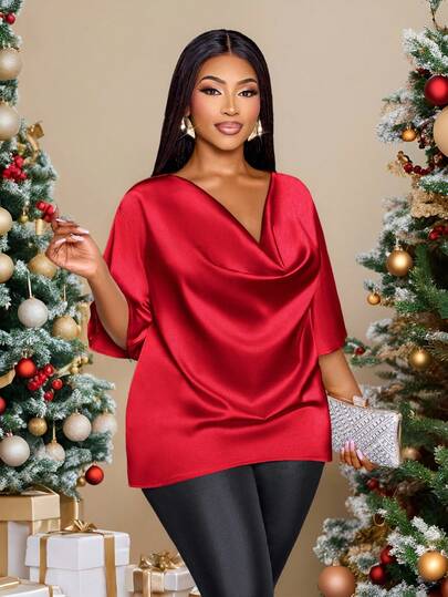 SOLERSUN Christmas Plus Size Women's Fashionable Solid Color Elegant Mock Neck Stylish And Sophisticated Batwing Sleeve Blouse Summer Women Outfit