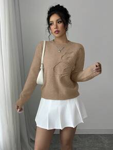 Elenzga pull femme col rond, motif floral, couleur unie - Kaki - Voir 3