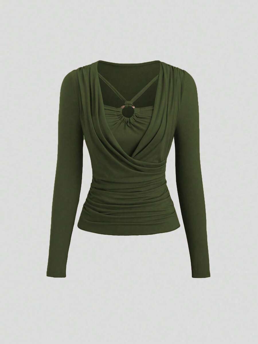 Sweetra Women's Solid Color Ring Connected Long Sleeve Pleated Casual T-Shirt - Army Green - View 1