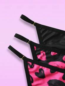 3pcs/Set Heart Print Women's Thong Panties, Sexy & Cute Underwear Set With Metal Buckle Decor