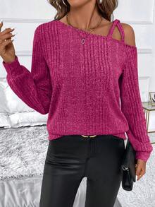 SHEIN Clasi 女款刷毛加厚羅紋不對稱領口T恤，秋冬款 - 玫紅色 - 查看 6