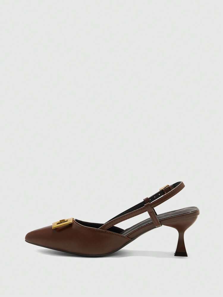 CUCCOO BIZCHIC Women's Pointed Toe Kitten Heel Metal Buckle Coffee Color Fashion Commuter Versatile Backless Daily Outing Shopping Work Pumps For Christmas Spring Shoes