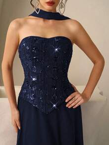 Coutiva Váy dài tay đính sequin thanh lịch, váy dạ hội cao cấp cho tiệc tối - Màu xanh hải quân - Xem 3