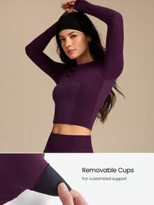 GLOWMODE FeatherFit™ Soft Stretchy Ribbed Seam-Dividing Design Long-Sleeve Tee Top Low Impact Yoga Pilates Studio Daily Casual Wear Removable Cups  Spring Summer - Bold Plum - View 3