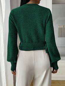 Celisse Floral Wrap-Style Cropped V-Neck Tie-Waist Long Gigot Sleeve Casual Elegant Women Sweater - Dark Green - View 2