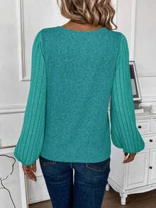 EMERY ROSE 女士纯色V领灯笼袖休闲宽松T恤 - 綠色 - 查看 2