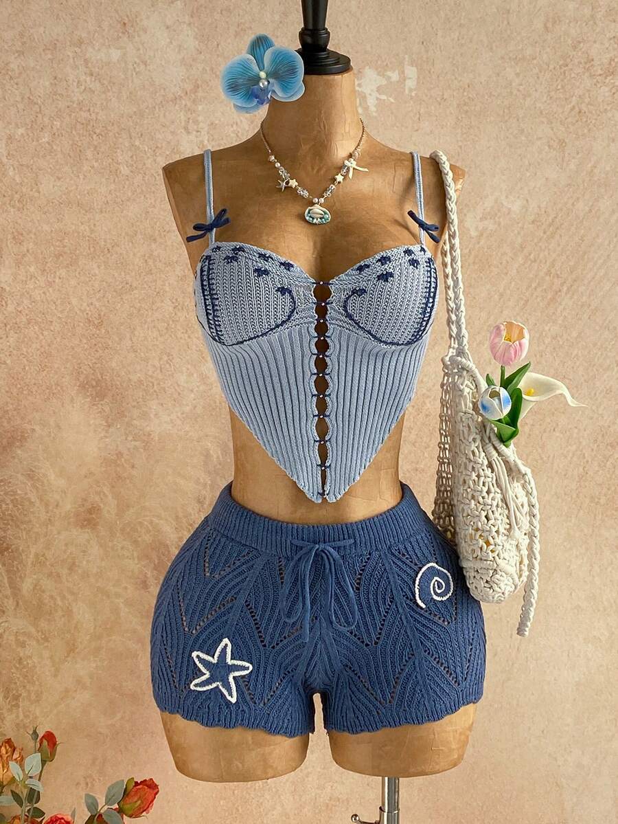 Soleia Quần short dệt kim họa tiết sao biển nhiệt đới Bohemian thanh lịch dành cho nữ, Mùa xuân/Hè, Ngày lễ, Phương Tây, Khách dự tiệc cưới trên bãi biển, Tốt nghiệp, Bữa trưa, Ngày lễ Thánh Patrick, Kỳ nghỉ xuân, Lễ Phục sinh, Lễ hội âm nhạc - Màu xanh bụi bặm - Xem 1