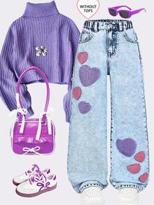 SHEIN Tween Girls Jeans - Fashion Distressed Snow Wash Embroidered Wide Leg Jeans Cute Jean Kawaii Pants Big Kids Jeans Cherry Jeans Cute Baggy Jeans - Light Wash - View 9