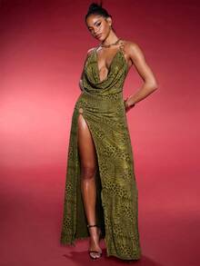 Normani Vestido circular de mujer con cuello drapeado, abertura lateral y estampado animal - Verde - Ver 1