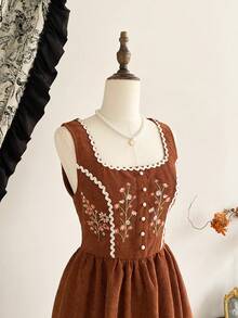 Vintamour 复古经典优雅女士连衣裙，修身刺绣连衣裙，撞色滚边花卉连衣裙，方领连衣裙，无袖连衣裙，带口袋连衣裙，秋冬款 - 棕色 - 查看 3