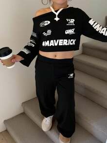 年轻女孩字母印花不对称肩长袖运动衫和阔腿裤休闲套装，秋季 - 黑色 - 查看 3
