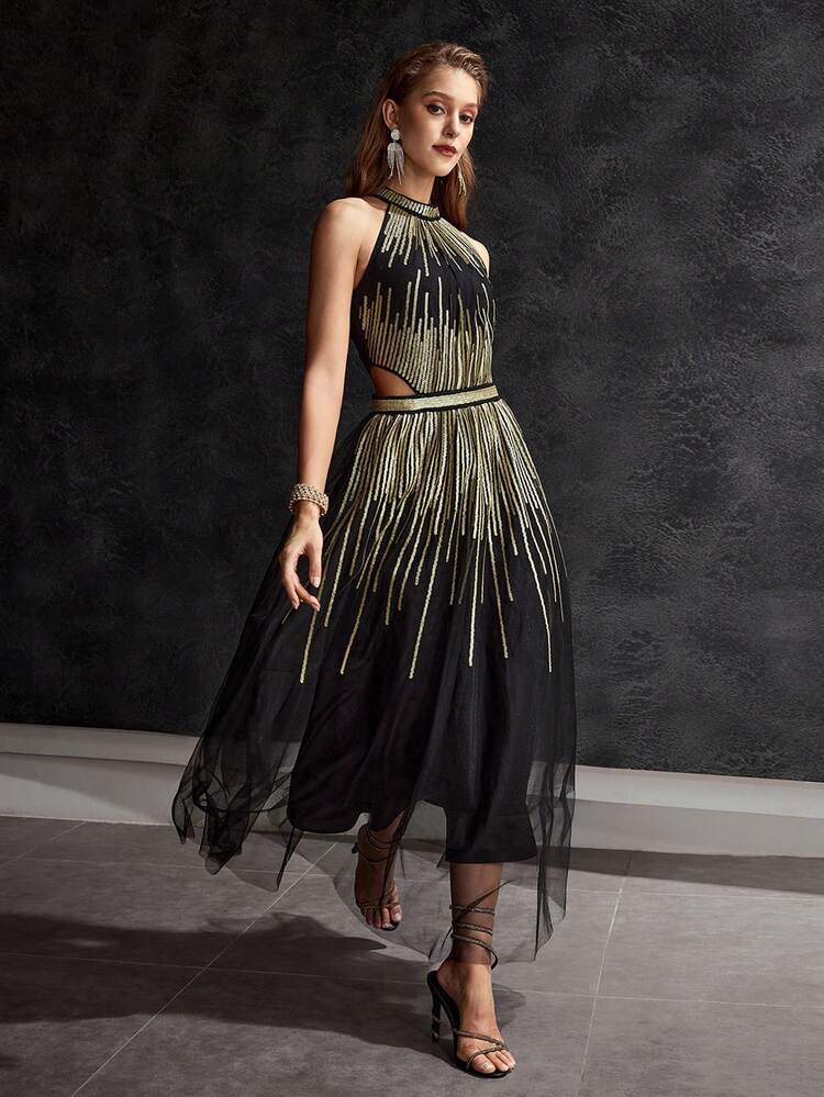 MOTF Soiréza VESTIDO ELEGANTE CON BORDADO DE LENTEJUELAS Y BAJO ACAMPANADO PARA BANQUETES Y FIESTAS