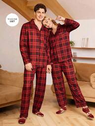 CoupledUp Conjunto de pijama casual de camisa de manga larga y pantalones con estampado de cuadros para hombres, otoño/invierno, ropa de otoño, para Navidad