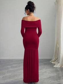 SHEIN 孕妇露肩长袖修身连衣裙，高开衩设计，带网纱拼接 - 酒紅色 - 查看 2