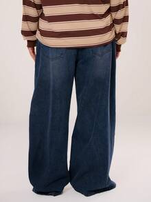 MUSERA 大码宽松低腰中度水洗牛仔裤，Y2K/2000年代风格，冬季款 - 藏蓝色 - 查看 4