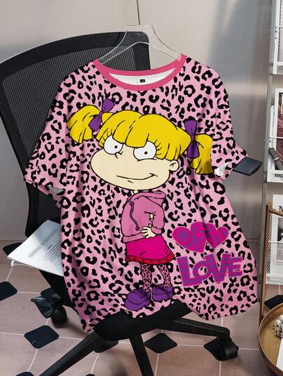 Nick 90s | SHEIN Plus Size Leopard Print & Cartoon Figure Graphic Round Neck Short Sleeve T-Shirt Cute Tops Y2k Cheetah Print Kawaii Shirt Anime Shirt