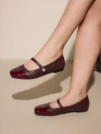 CUCCOO CURVES Wide Fit Fashion Burgundy Mary Jane Pearl Square Toe Comfortable Flat Shoes For Plus Size Women, Versatile For Daily Wear And Commuting For Christmas