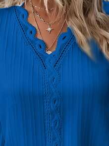 Plus Size Casual Solid Color Lace Patchwork Long Sleeve Shirt, Autumn - Navy Blue - View 5