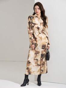 Heiryn Women's Tie-Dye Print Long Sleeve Ruched Waist Fashion Shirt Dress Earth Tone Dress Long Sleeve Dresses Woman - Brown - View 2