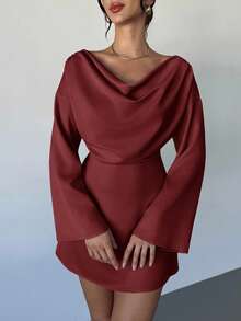 Firerie Đầm công sở màu mơ, cổ thuyền tay loe, eo thắt eo, nhún bèo, đơn giản, thanh lịch, mới cho mùa thu/đông, chất liệu satin màu mơ, cổ loe, tay bồng, không đối xứng, đầm công sở hàng ngày, sang trọng, áo khoác nữ mùa thu, đầm dự tiệc cưới - Màu Đỏ Sâu - Xem 6