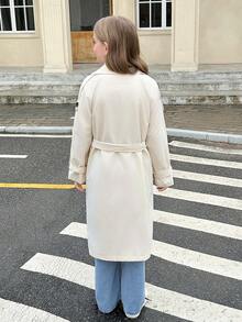 SHEIN Tween Girl Double Breasted Turndown Collar Loose Fit Long Trench Coat, Casual Military Style, For Commuting & Outdoor, Back To School, Autumn Winter Outfits Girl Coat Fall Coat For Tween Girls Tween Trench Coat Girls Coat