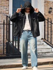 EASEVO Plus Size Men's Hooded Long Sleeve Denim Jacket, Casual Vintage Outerwear - Black - View 5