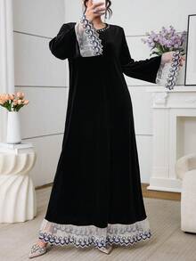 Al Najma 女士天鹅绒水钻荷叶边A字优雅时尚连衣裙，秋冬款 - 黑色 - 查看 5