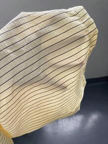 SHEIN PETITE 1件装 女士黄色返校通勤条纹休闲泡泡褶皱面料超低腰抽绳弹力腰直筒裤，休闲浪漫 - Butter Yellow - 查看 7