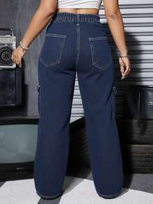 SHEIN Cottnline Plus Size Loose Casual Elastic Waist Washed Denim Cargo Pants - Dark Wash - View 2