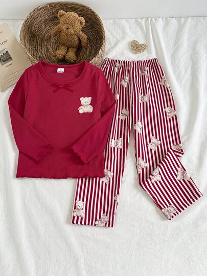 2件套女童红色罗纹小熊印花蝴蝶结装饰长袖上衣和罗纹裤睡衣套装