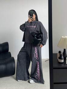 POPSWAY Bộ 2 món áo hoodie dài tay giặt axit phong cách đường phố thường ngày cỡ lớn dành cho nữ và quần rút dây - Nhiều màu - Xem 3