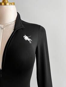 Elamini Women's Black Stand Collar Jumpsuit With Logo, Elastic Fitted Slimming Design, Front Zipper, Elegant & Sexy European Style - Black - View 5