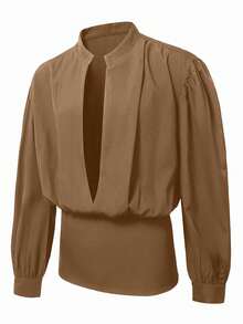 Manfinity AFTRDRK Áo sơ mi nam tay dài cổ chữ V sâu màu trơn gợi cảm - Màu Khaki - Xem 7