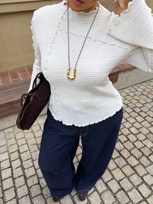 Dripcurv 女士加大码荷叶边长袖T恤，冬季感恩节白色，新年装扮 - 杏色 - 查看 6