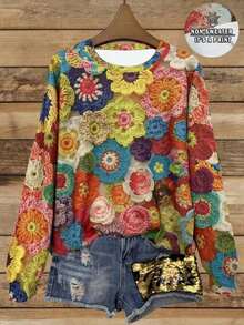 EMERY ROSE Women's Colorful Floral Print Sweatshirt, Mock Knit Effect, Round Neck Long Sleeve, Autumn/Winter Sportswear - Multicolor - View 1