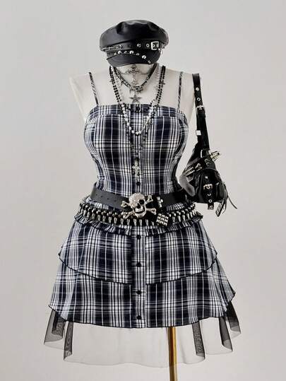 Sunspun 大码网纱拼接格子吊带裙