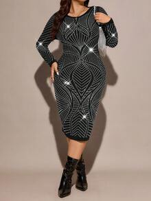 Comfylo 大码女式水钻装饰圆领长袖修身优雅连衣裙，新年中长紧身连衣裙，长袖中长连衣裙，女式长袖连衣裙，水钻连衣裙，绷带连衣裙 - 黑色 - 查看 2