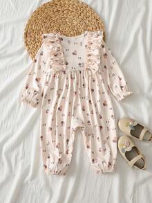 Loomiva Baby Girl Floral Print Round Neck Ruffle Trim Waist Jumpsuit - Multicolor - View 6
