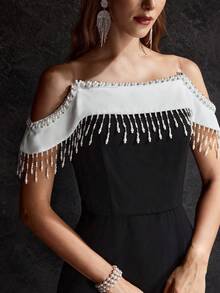 MOTF Soiréza WOMEN'S FAUX PEARL CURTAIN OFF THE SHOULDER CONTRAST COLOR PARTY DRESS - Black and White - View 3