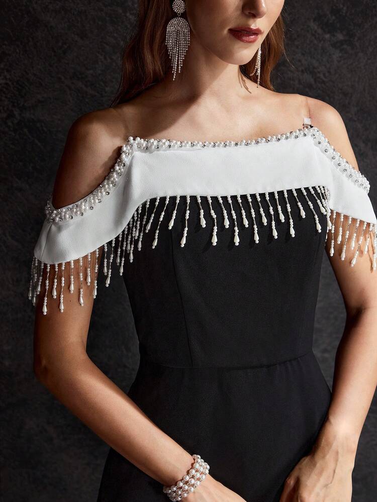 MOTF Soiréza WOMEN'S FAUX PEARL CURTAIN OFF THE SHOULDER CONTRAST COLOR PARTY DRESS